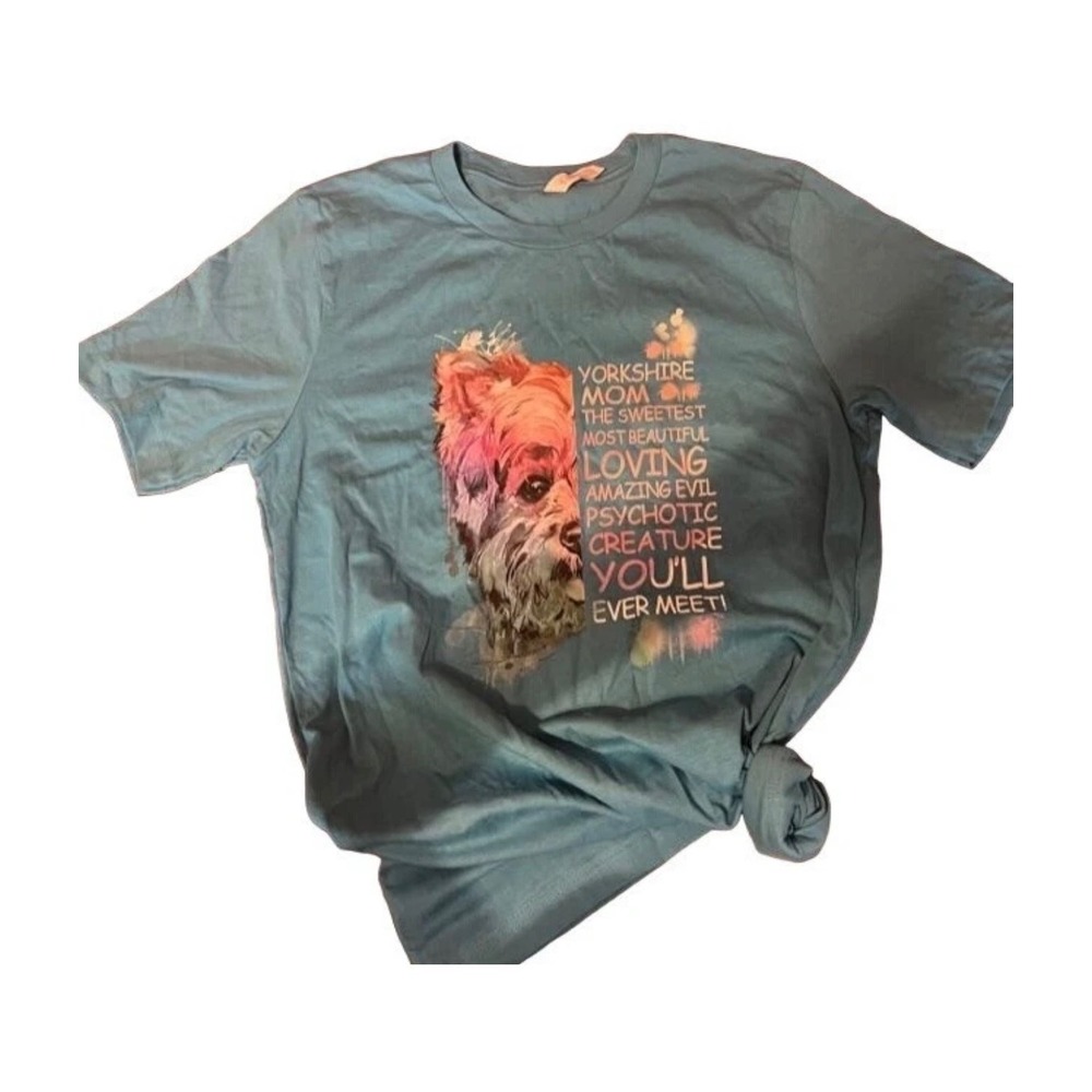Yorkshire Mom Graphic T-Shirt Teal Blue Yorkie Dog Lover Tee medium